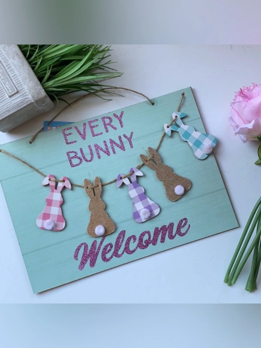 Every bunny welcome Easter spring front door sign decor art NEW 3-d Shabby chic - Picture 2 of 11